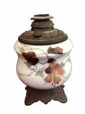 Vintage Oil Parlor Lamp Hand Painted Flowers Stubby Glass Metal Base 9” Tall