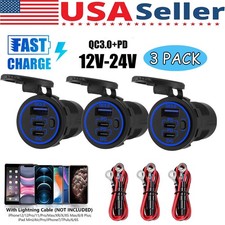 12-24V USB C Fast Car Charger 3Port PD QC3.0 36W Outlet Socket for Boat RV Truck