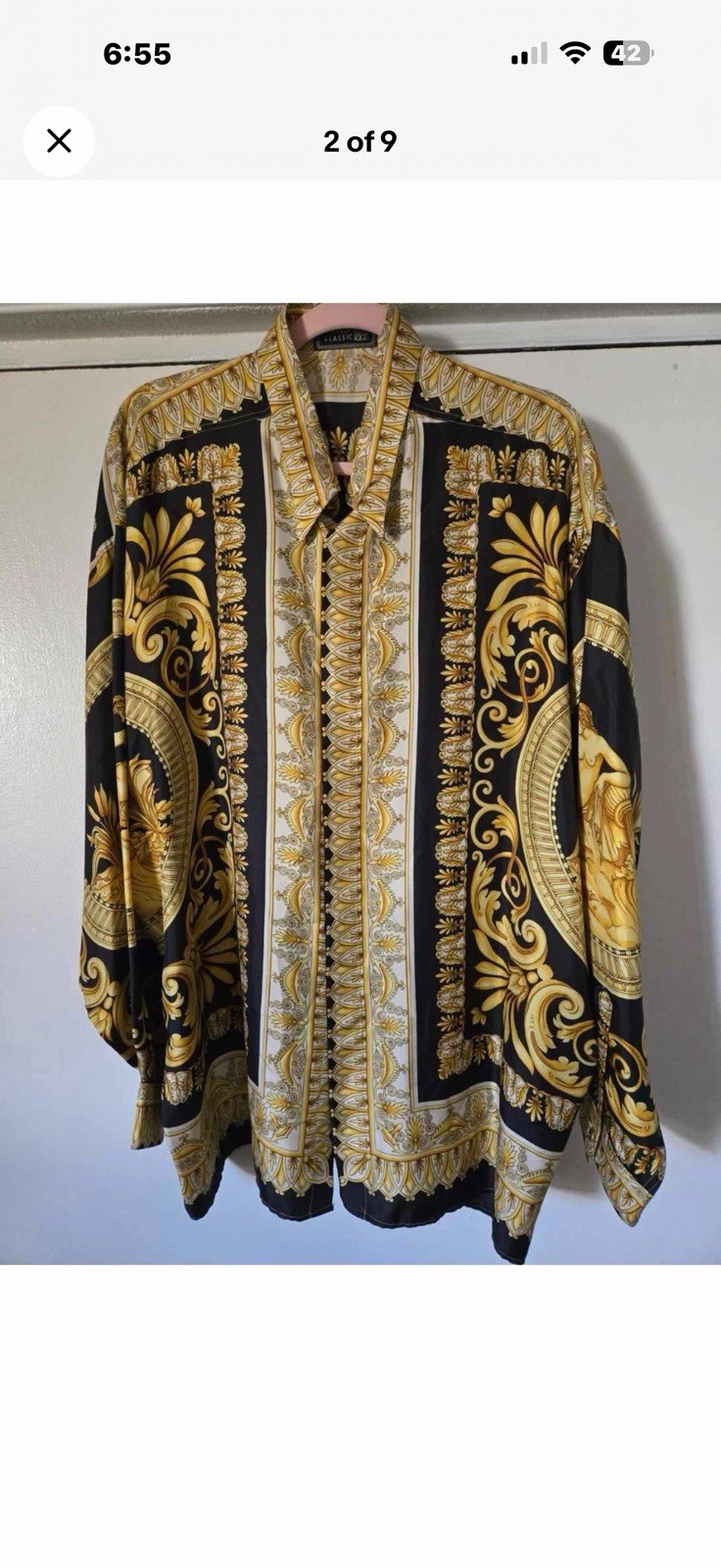 Versace Classic V2 Men’s Silk Shirt Xl Baroque medusa Print Black & Gold image 2