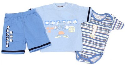 BABY BEBE 3 Teile Sommer-Kombi Shorts T-Shirt Body Jungen - Gr. 68 blau gestreif