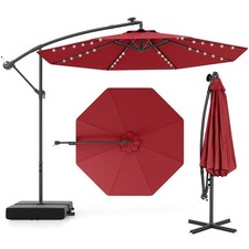 10FT Patio Hanging Offset Umbrella 32 LED Lights Sand Bag Outdoor Cross Base