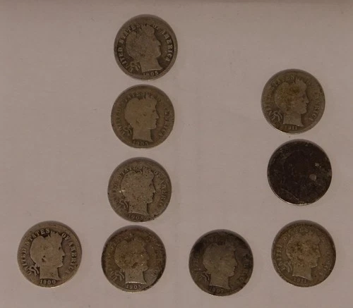 Lot of 9  Silver Barber Dimes