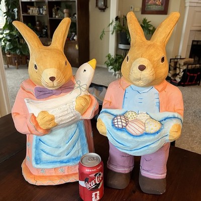 VTG large 19  Paper Mache Easter bunny rabbits Couple Pair Lot 2 Anthropomorphic