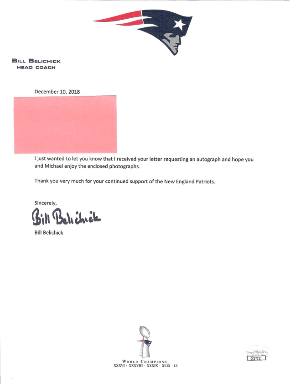 Bart Starr Autographed Signed BILL BELICHICK HAND 2018 LETTER ON PATRIOTS LETTERHEAD JSA 