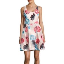 Guess Fit and Flare Dress Womens 14 Pink Floral Mesh Stripe Sleeveless GDJP2153