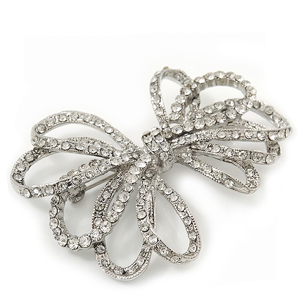 Clear Crystal Open 'Bow' Brooch In Silver Tone Metal - 5.5cm Width