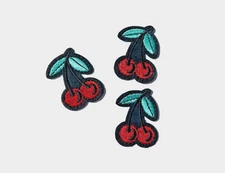 3pcs Small Cherry Iron on Badges, Two Cherries with Leaves, Rockabilly Patches