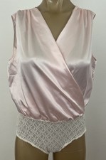 Vintage Pale Pink Satin Bodysuit Nylon Lace Women's M Snap Closure