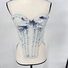 PrettyLittleThing Corset Top Women Size 2 Light Blue Acid Wash Seam Detail Denim