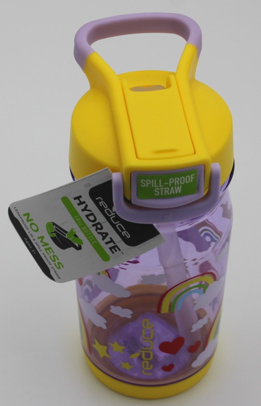 Reduce Hydrate Bottle Kids 14 oz Spill Proof Straw Purple Yellow Rainbow No Mess