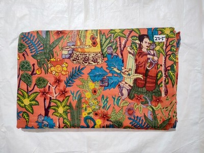 Indian Handmade Peach Frida Print Dressmaking, Sewing Running Fabric 10 Yards