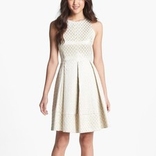 Eliza J Gold Metallic Cream Jacquard Party Cocktail Dress Fit and Flare Women 4