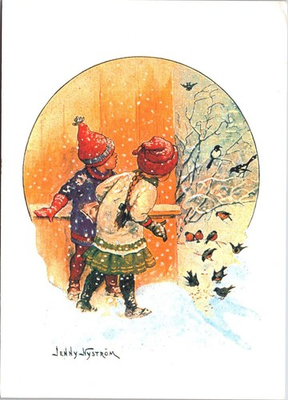 #ad Jenny Nyström Christmas Postcard – Children Feeding Birds in Snow $5.99