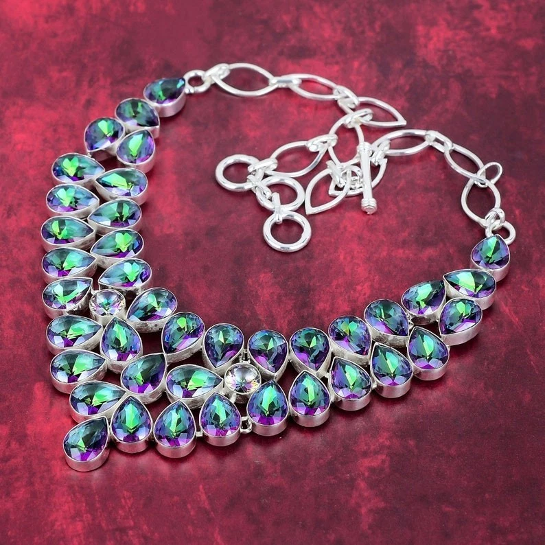 Mystic Topaz Gemstone Handmade 925 Sterling Silver Jewelry Necklace Size-17-18" - Image 2 of 4