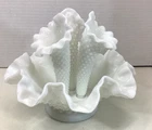 Vintage Fenton Hobnail White Milk Glass 3 Horn Epergne Vase Ruffled Bowl 6” Tall
