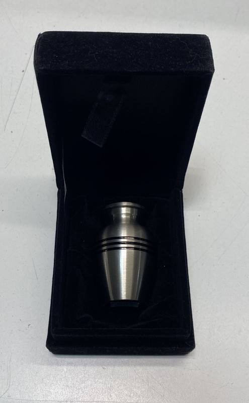 Miniature Keepsake Urn Brushed Metal 3 Black Bands with Velvet Box 2.75 inch