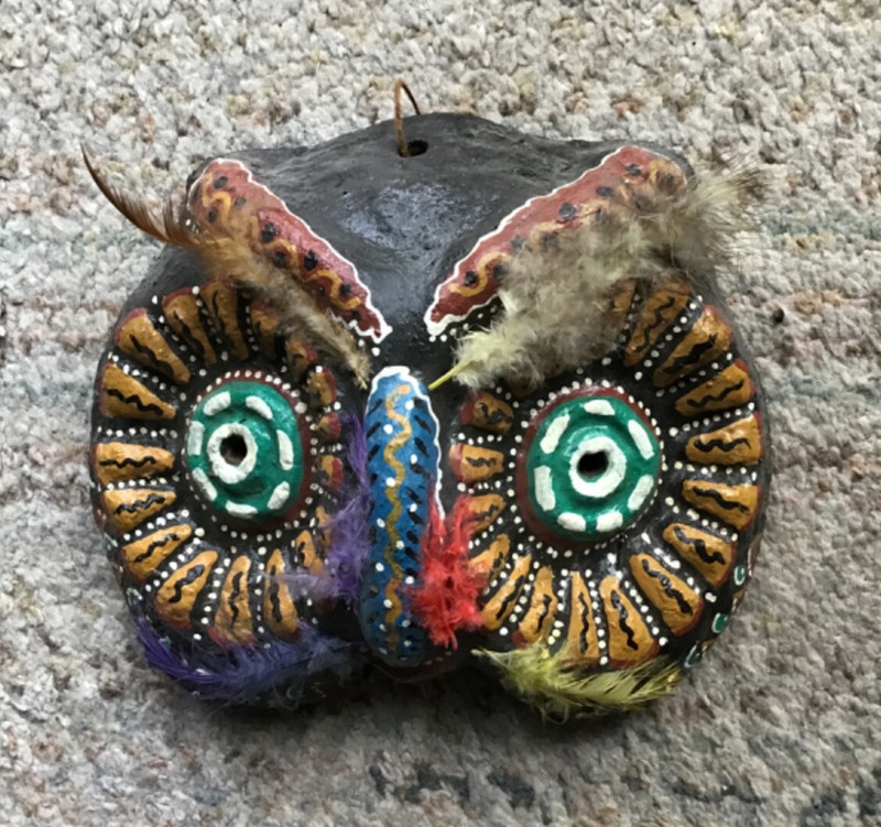 OWLS! Colorful paper mache owl mask wall hanger