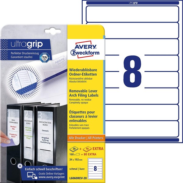 Avery Zweckform L6060REV-20 OrdnerrüCken Etiketten (Mit Ultragrip, 34 X 192 Mm A-image