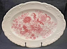 VTG TST Co. USA Red Floral Serving Platter Ceramic Dish 11.5"L Crazing