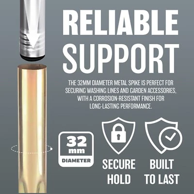 32MM ROTARY AIRER WASHING LINE METAL GROUND SPIKE SUPPORT SOIL STAND PARASOL NEW