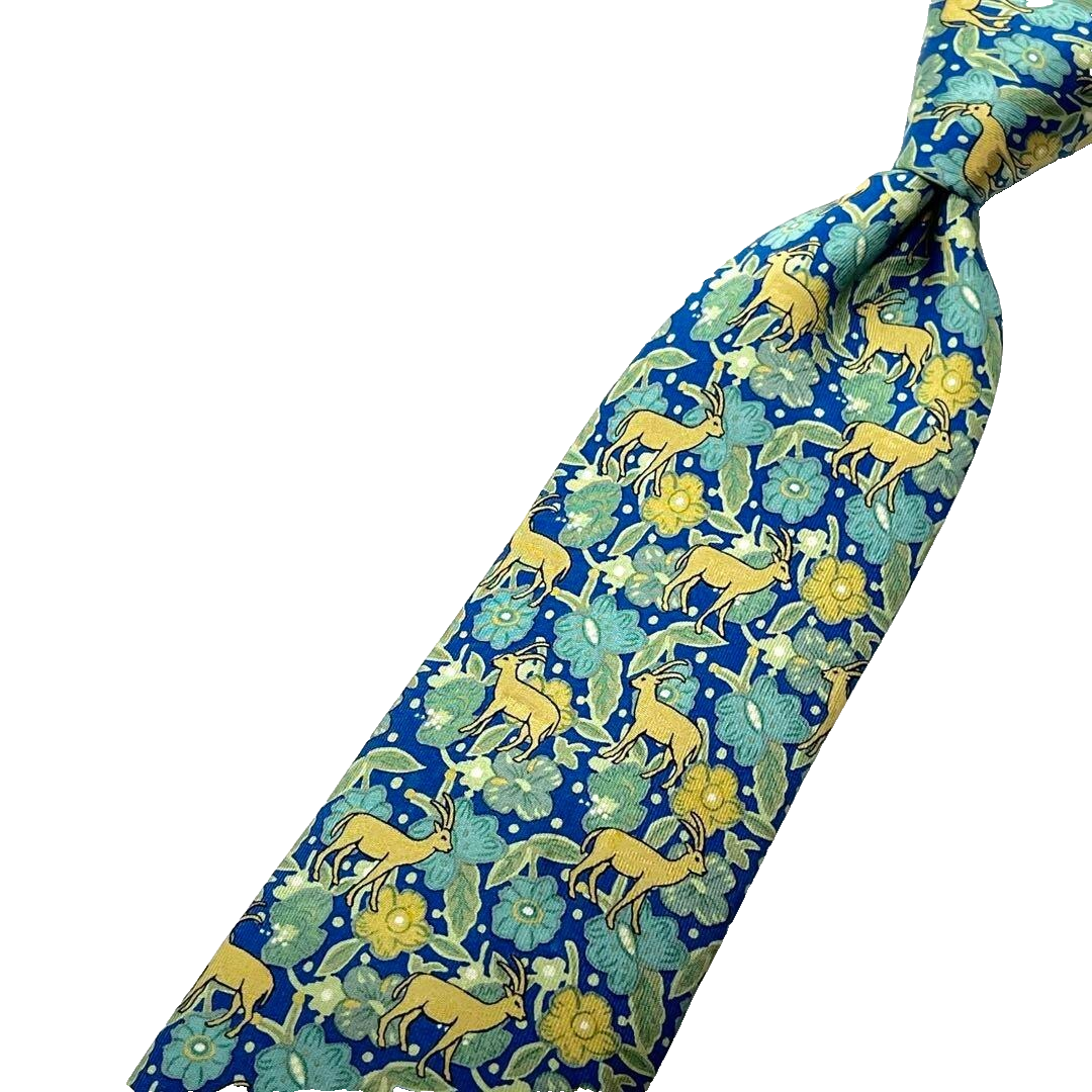 HERMES Deer Floral Animal Pattern 100% Silk Tie Men Blue