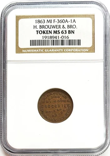 1863 CIVIL WAR H. BROUWER & BRO. GRAND HAVEN, MICHIGAN TOKEN F-360A-1A NGC MS 63