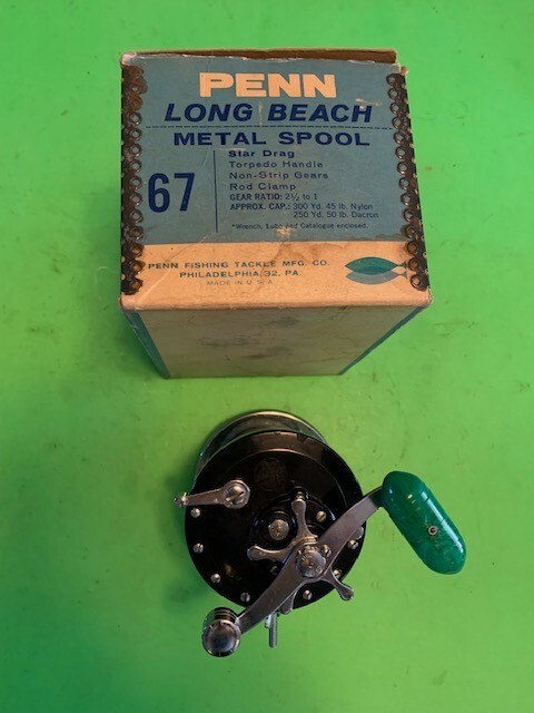 VINTAGE PENN LONG BEACH NO. 67 FISHING REEL WITH ORIGINAL BLUE AND