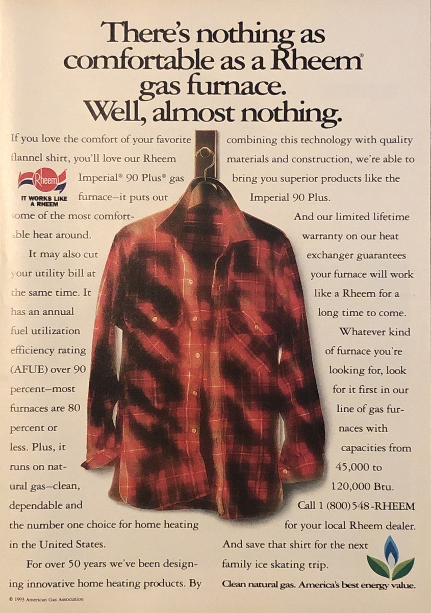 1993 Rheem Gas Furnace PRINT AD Plaid Shirt Nothing As