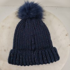 Tucker Tate Beanie Hat Knit Cap Blue Pom OS Stretch Fit Girls Kids