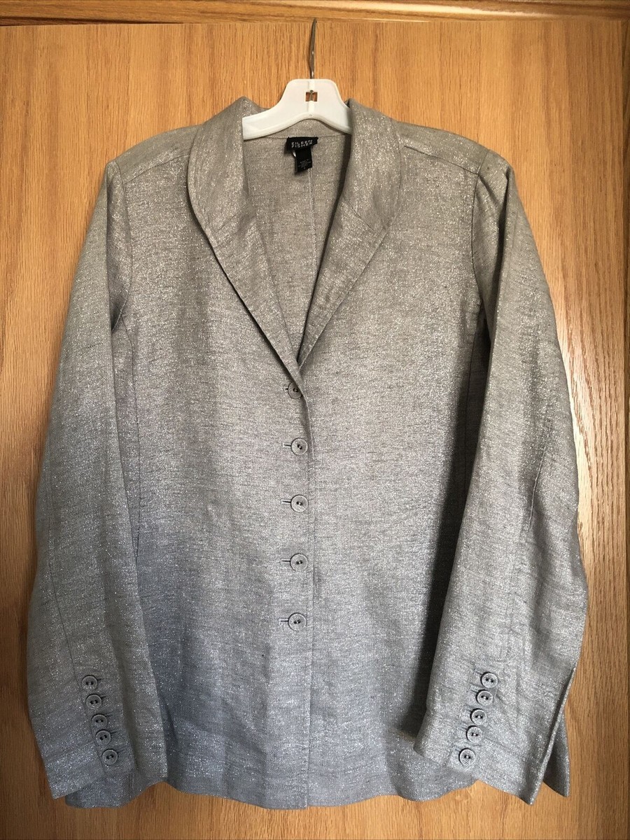 EILEEN FISHER gray metallic shimmer linen blend button cardigan