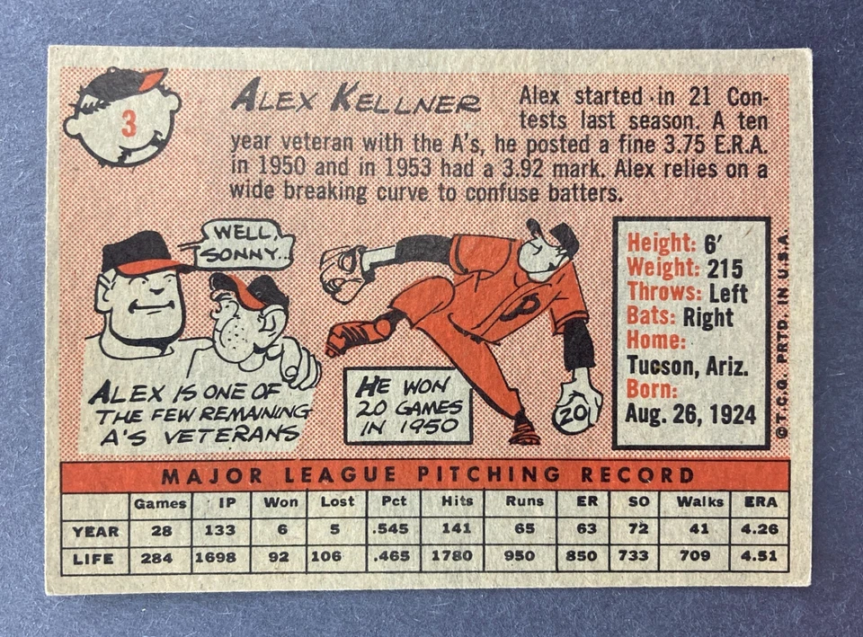 1958 Topps #3 Alex Kellner (Kansas City Athletics) - Image 2 of 2