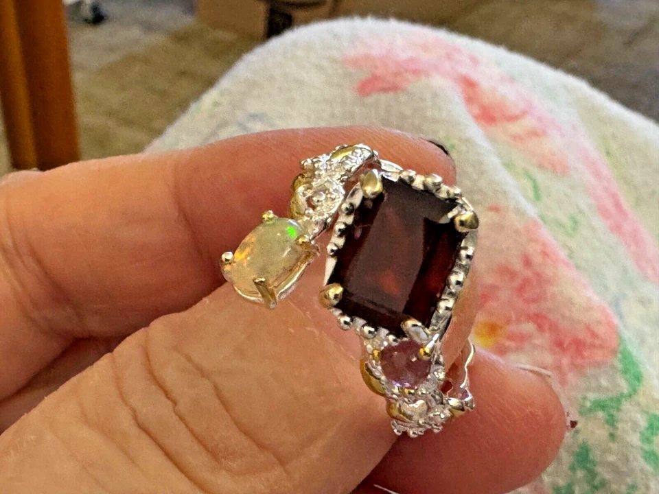 Anillo Hessonita Rojo Natural Fuego 🔥Opal y Turmalina Plata de Ley 925 Talla 10 Foto 2 de 4