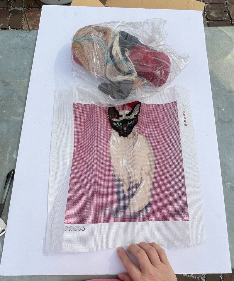 Vintage Needlepoint Canvas Pattern Siamese Cat Unfinished With Wool 11.5 x 11.5 - Image 2 of 4