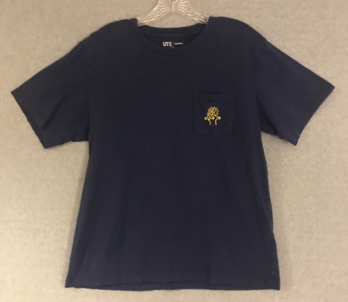 Keith Haring Shirt Mens Medium Blue Embroidered Fingers Crossed Yellow Graphic