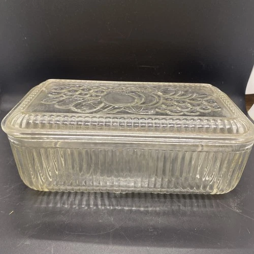 Vtg Federal Ribbed Glass Rectangular Refrigerator Dish with Fruit Relief Lid (4)