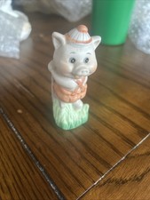 Little Pig Ceramic Figurine with Orange Overhauls Sitting In Fence 3.5
