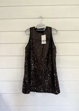 New Zara Chocolate Brown Sequin Sparkle Velvet Trim Holiday Short Dress Mini M