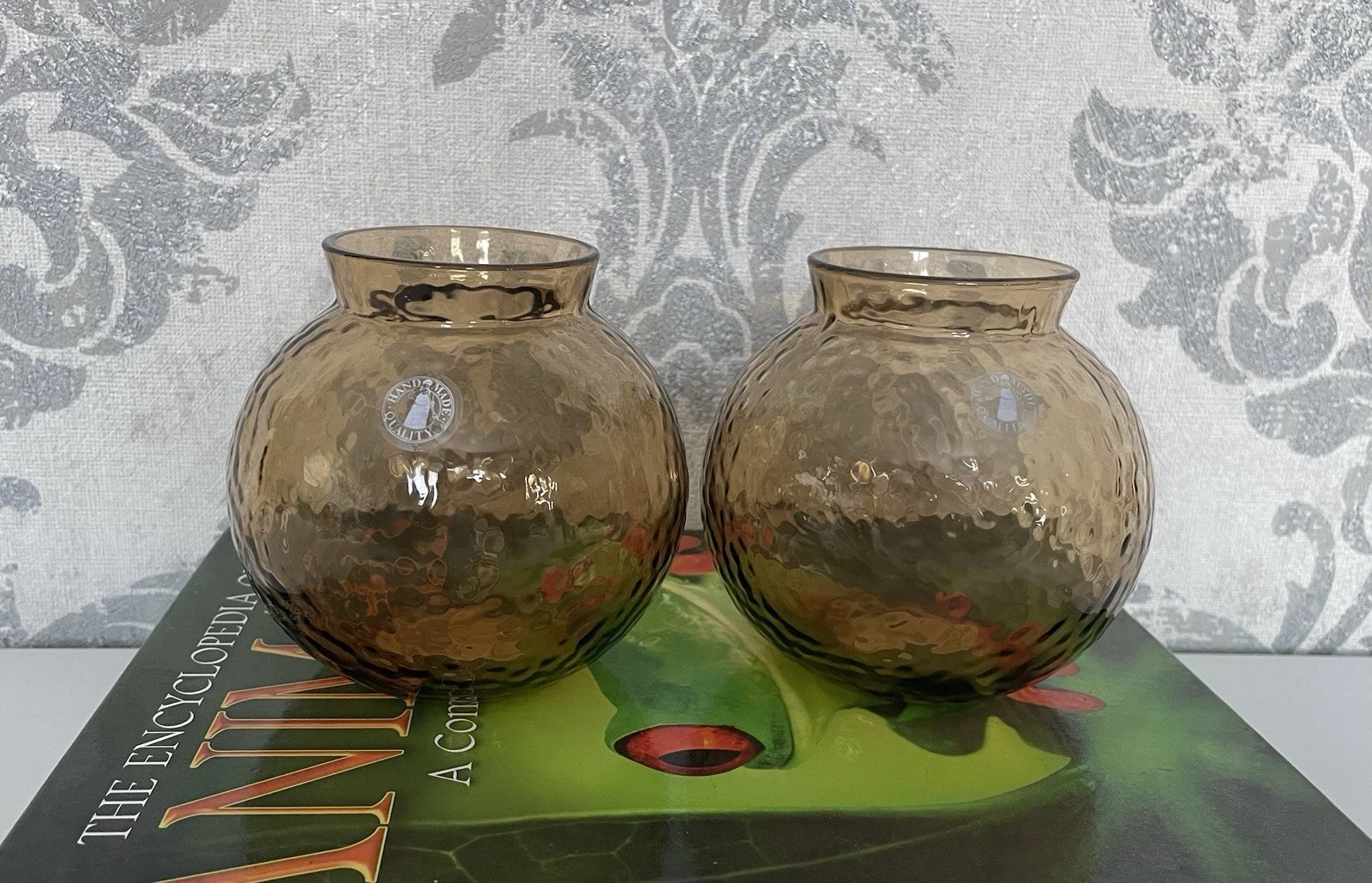 2 x IKEA KONSTFULL Brown Patterned Hammered Textured Art Glass Vases 4”