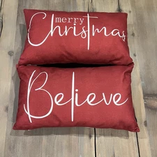 2 Pc Set Holiday Soft Red Throw Pillows Merry Christmas Believe 18” X 11”