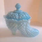 Fenton White & Blue Slag Glass Hobnail Slipper Lidded Trinket Candy Dish *Flaw**