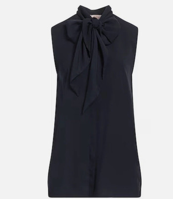 Tory Burch Womens Sleeveless Bow Blouse Shirt Top Size 8 Navy Blue NWT $250