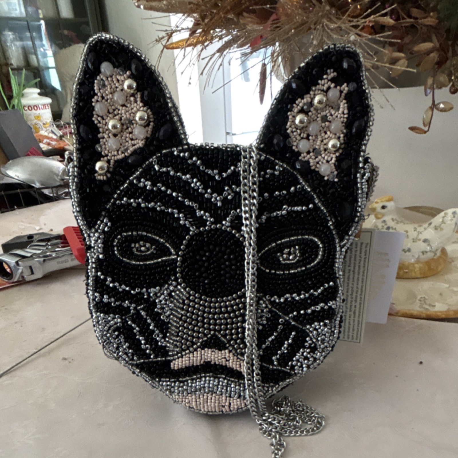 Handmade from India  Beaded dog Shoulder Bag Black Silver Animal Theme for Women image 4