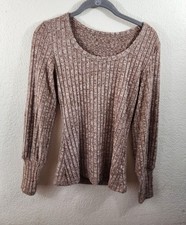 Womens S Brown Ribbed Knit Soft Long Sleeve Scoop Neck Sweater