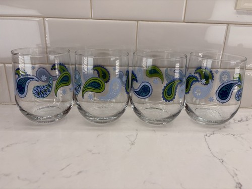 Libbey Crisa Blue Paisley Stemless Wine Glasses Set of 4 Retro Barware Gift - Picture 2 of 9