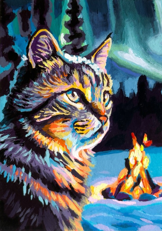 Cat ACEO Original Painting, Tiger Cat, Camp Fire, Acrylic Gouache, Colorful
