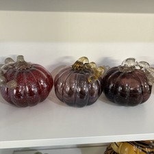 Set of 3 Hand Blown Art Glass Pumpkin 6 Inch Decor Holiday Fall Table
