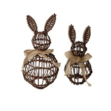 Easter Bunny Figurine Artificial Rattan Woven Bunny Statue With Bow Sculpture