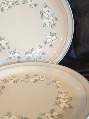 4 Vtg Stoneware Dinner Plates Blue Pink Floral 90s CHANTILLY