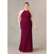 Azazie Tyra Burgundy Mermaid Halter Lace Sequin Stretch Crepe Dress Size 14