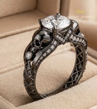 3CT Round Lab Created Diamond Gothic Black Skull Unisex Ring 14K Black Gold Over